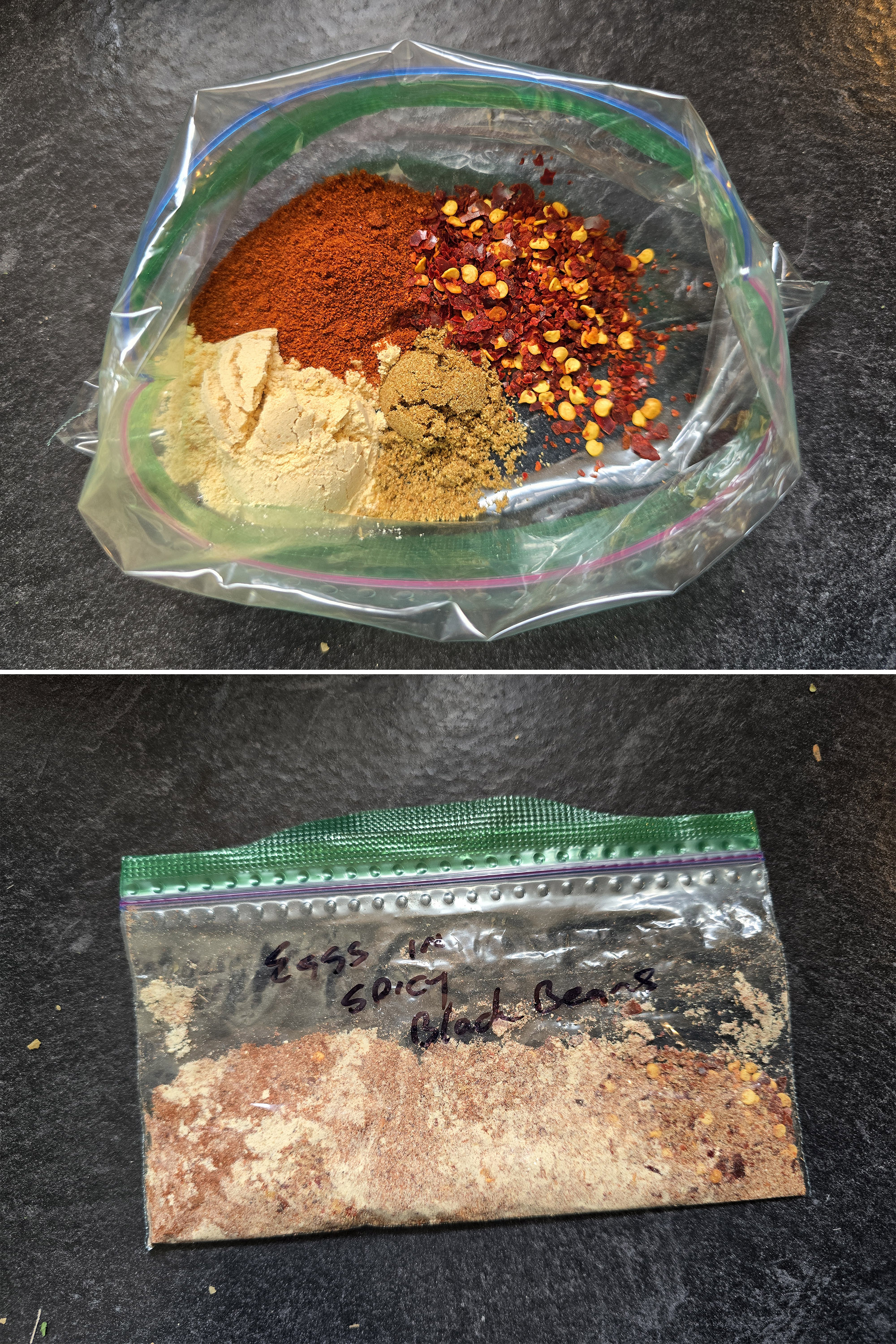 2 part image showing the spice packet being mixed together.
