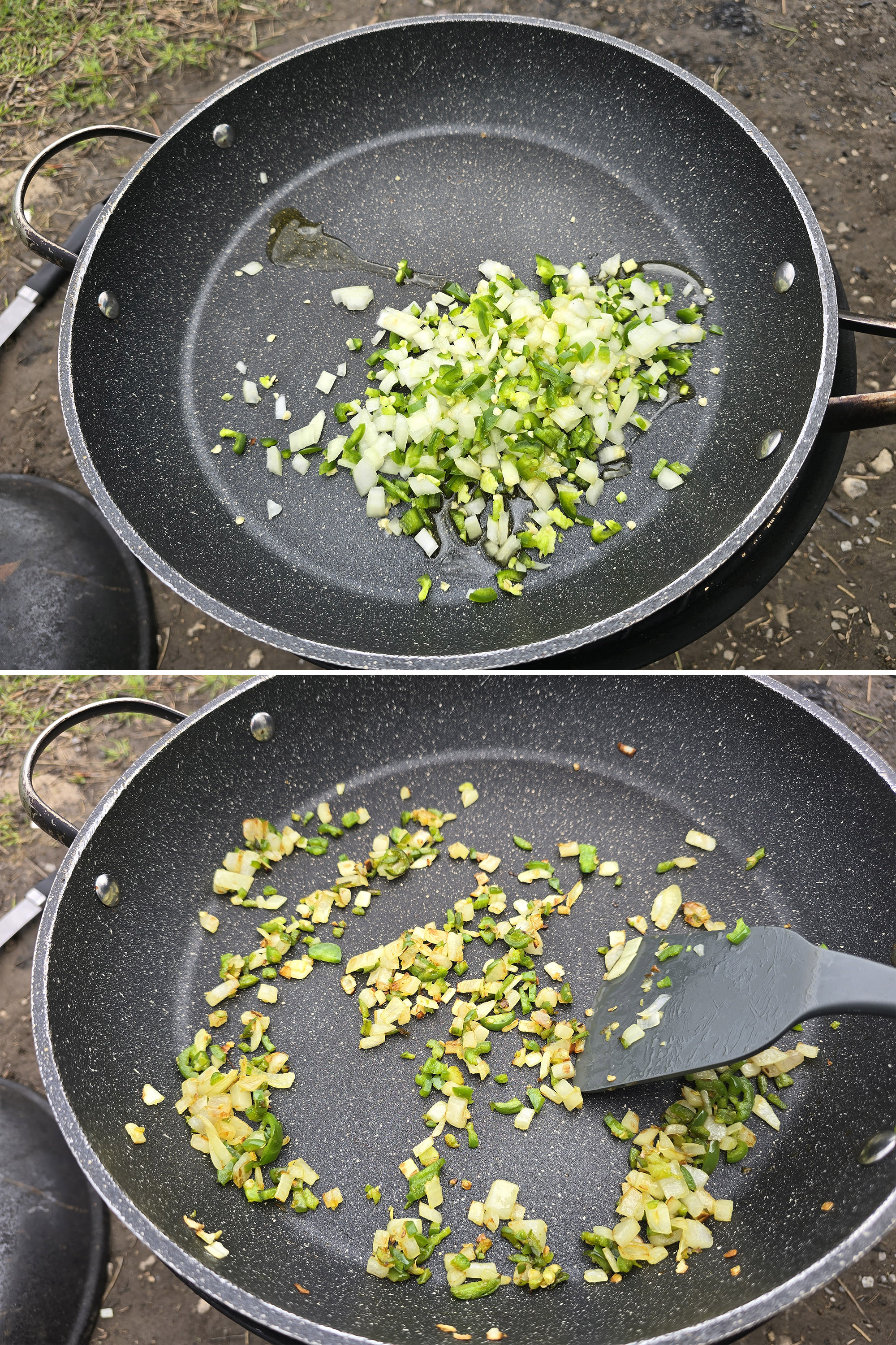 2 part image showing the peppers and onions cooking in a pan until soft and golden.