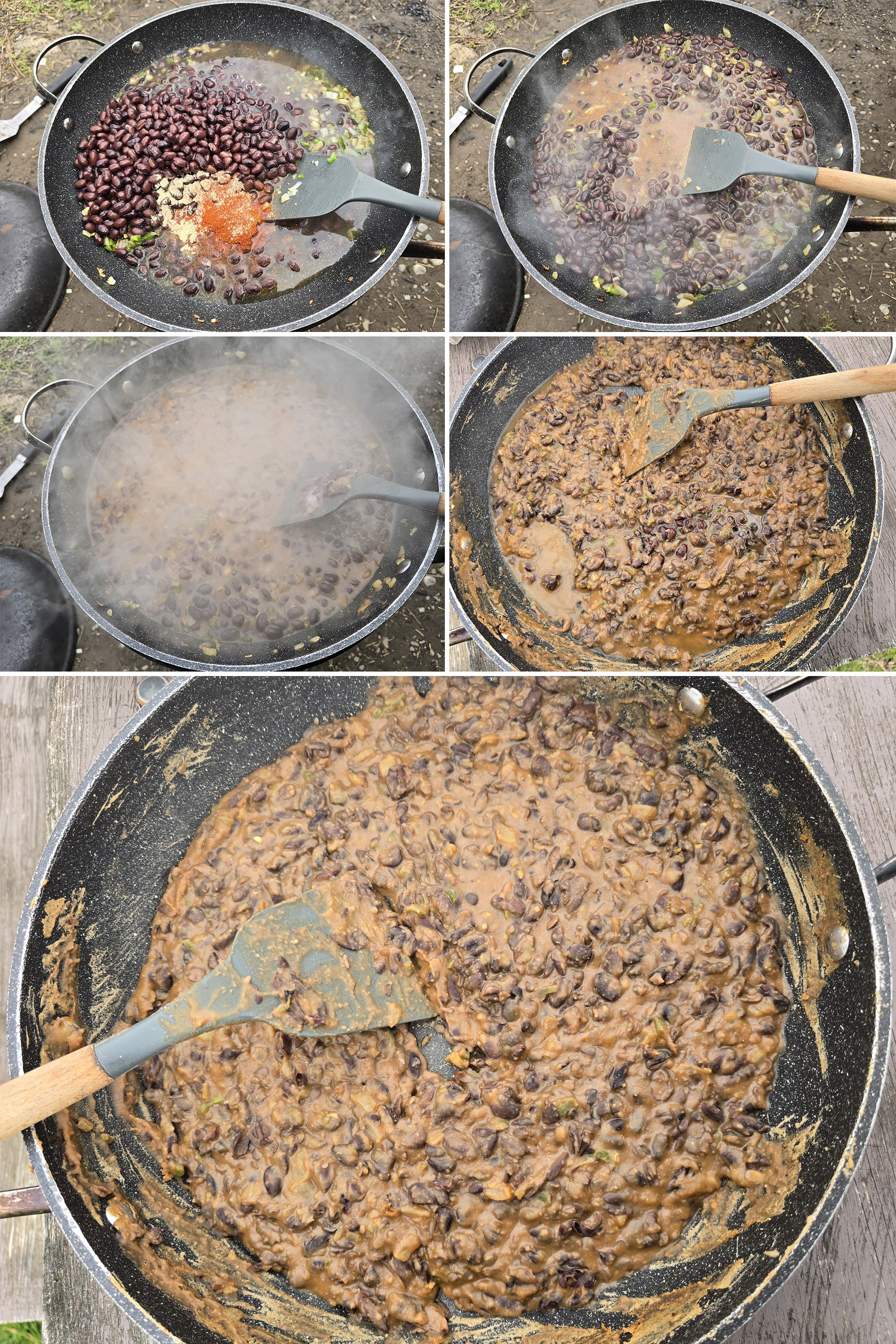 5 part image showing the beans, spices, and other ingredients being added, simmered, and mashed.