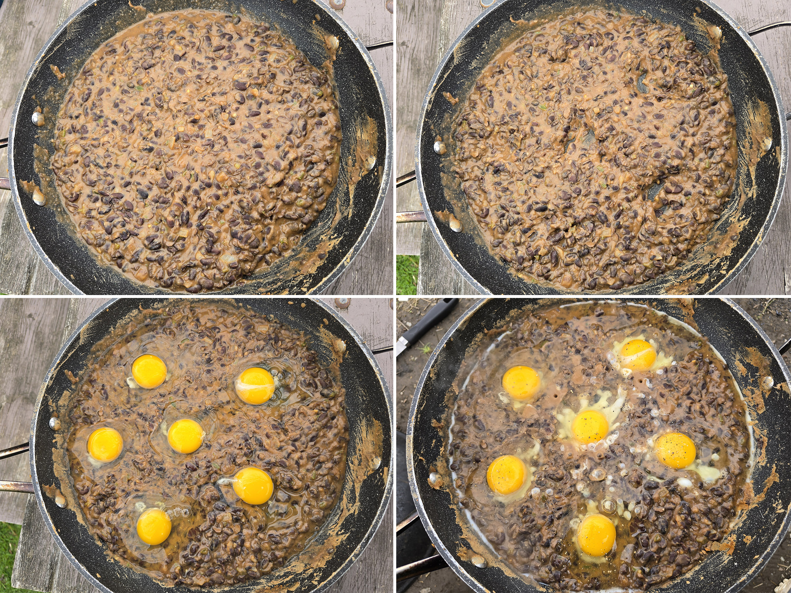 4 part image showing wells being formed in the black bean sauce, eggs cracked into them, and seasoned with salt and pepper.