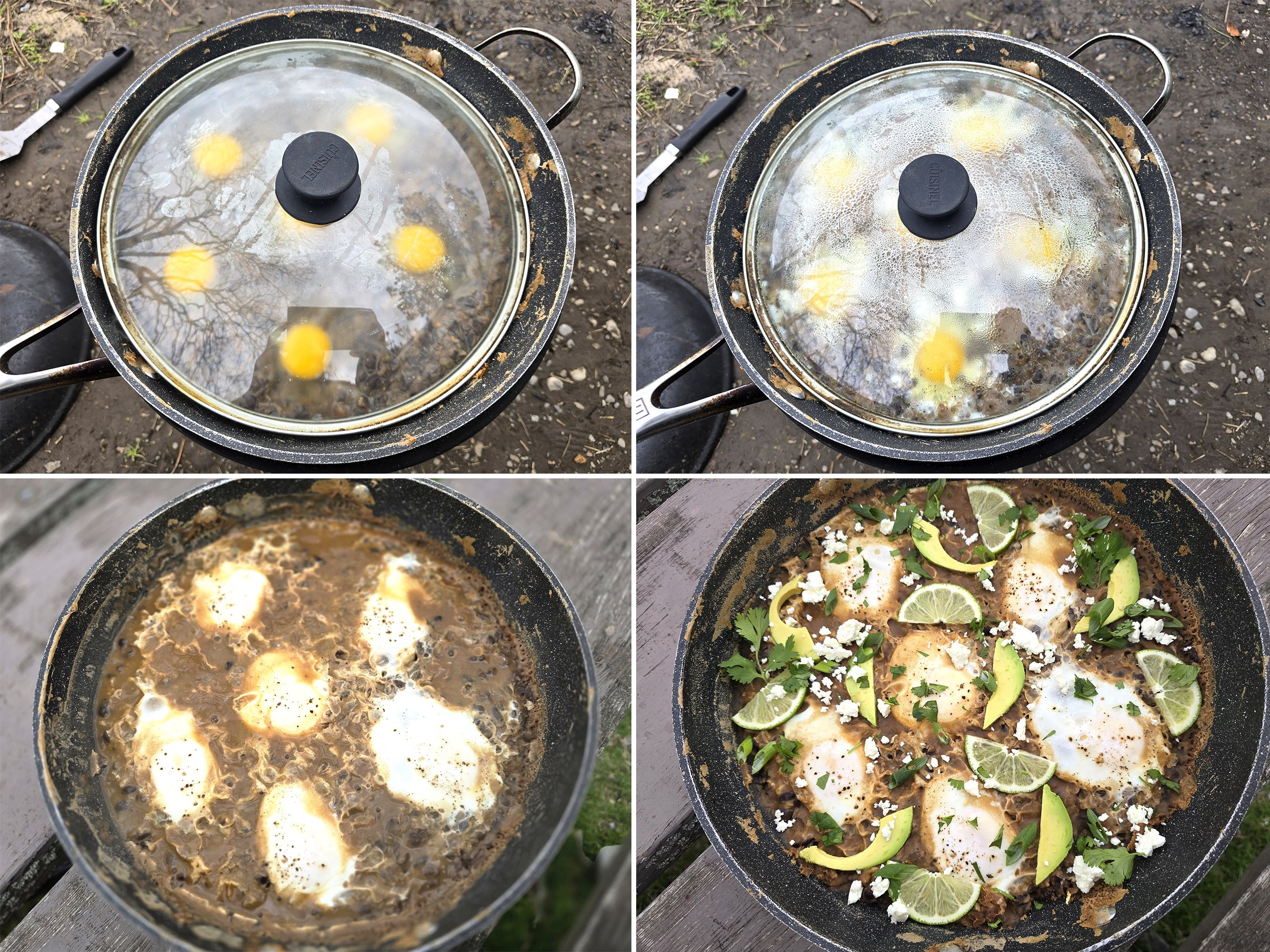 4 part image showing the covered pan cooking until the eggs are done, then garnished with cilantro, avocado slices, lime, and crumbled cheese.