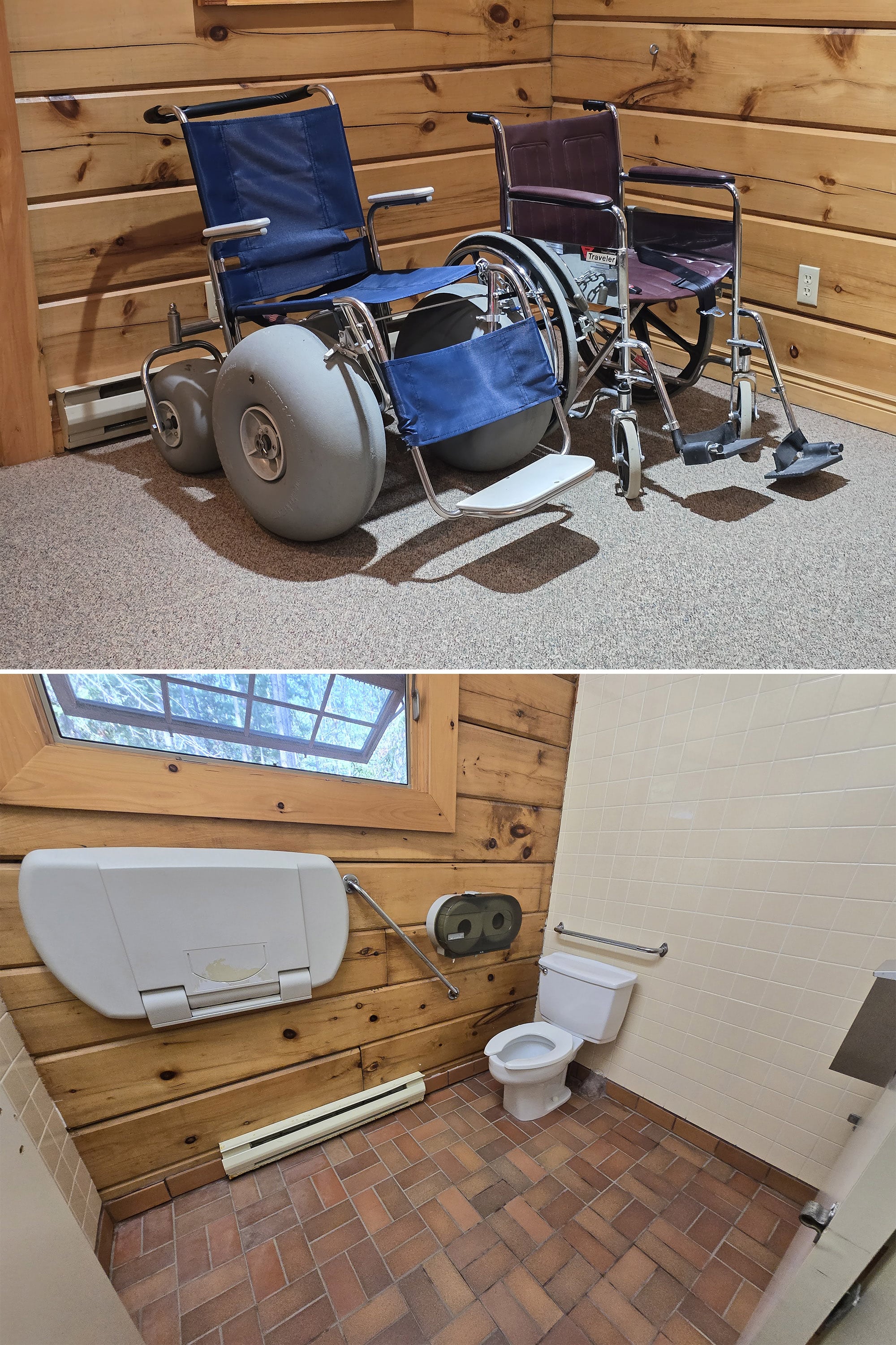 2 part image showing 2 different styles of wheelchair, and an accessible washroom.