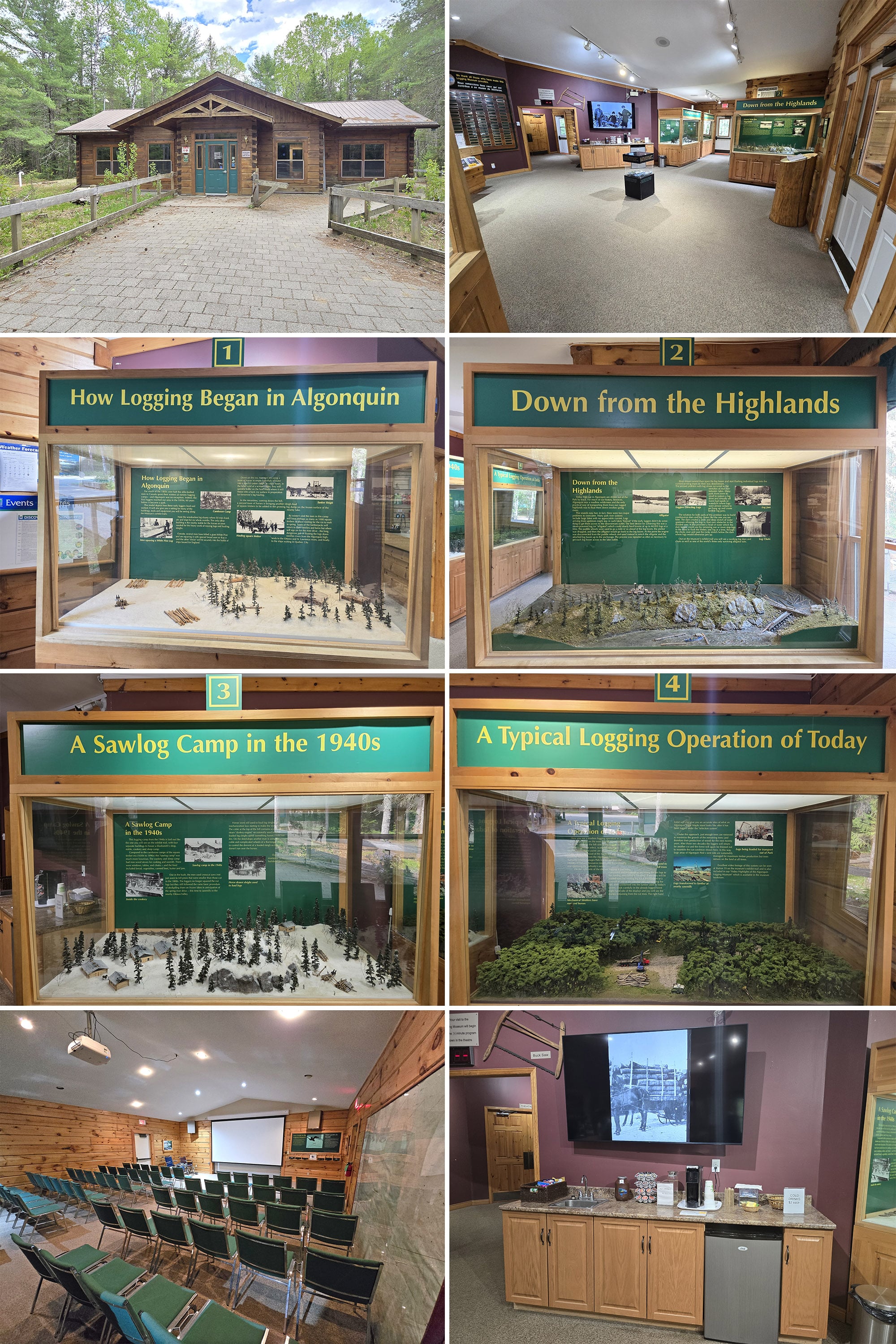 8 part image showing the indoor portion of the logging museum.