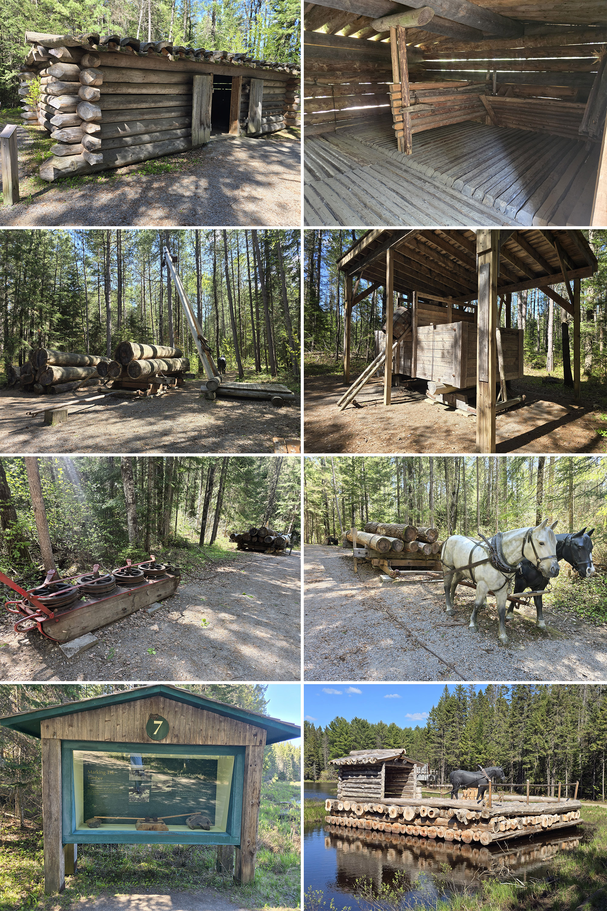 8 part image showing various outdoor exhibits along the logging museum trail at Algonquin Provincial Park.