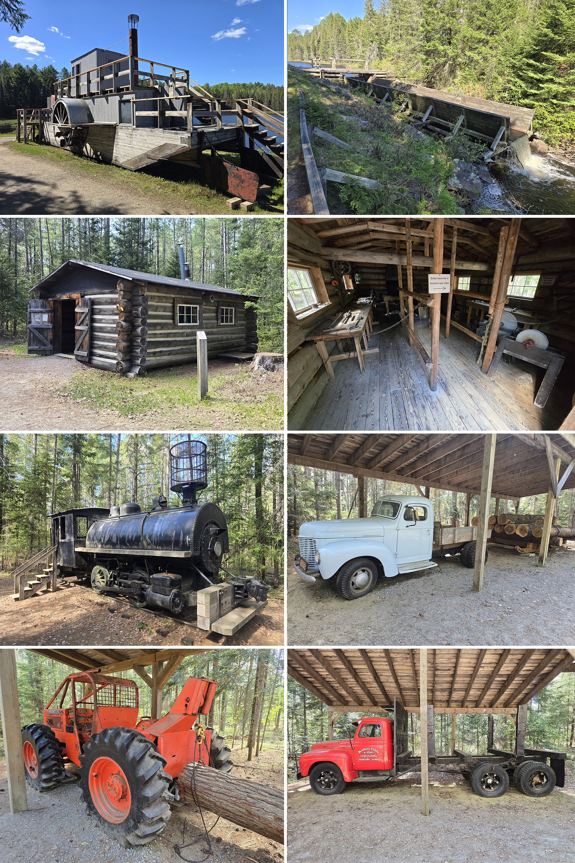 8 part image showing various outdoor exhibits along the logging museum trail at Algonquin Provincial Park.