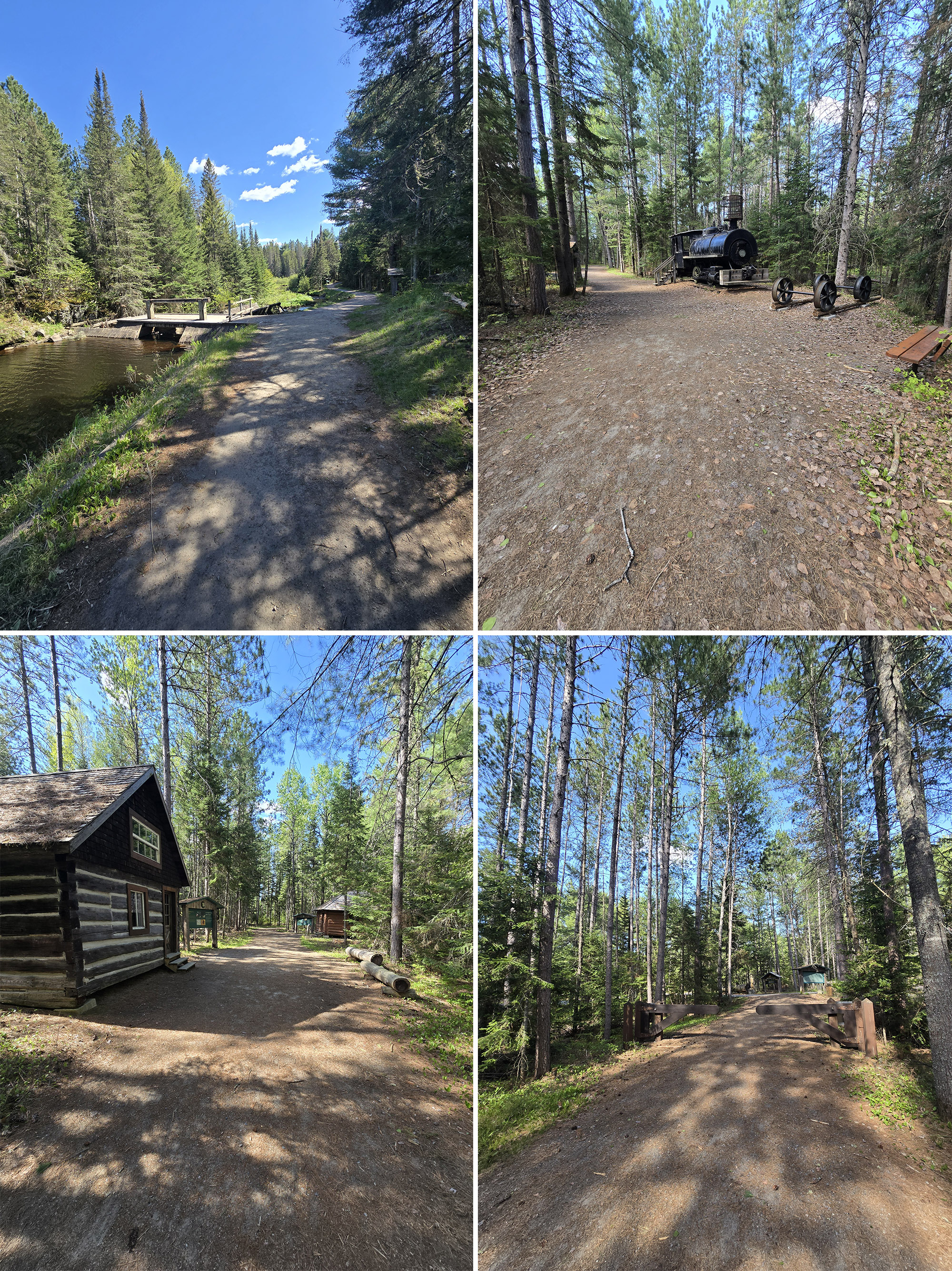 4 part image showing various views along the Algonquin Provincial Park Logging Museum Trail.