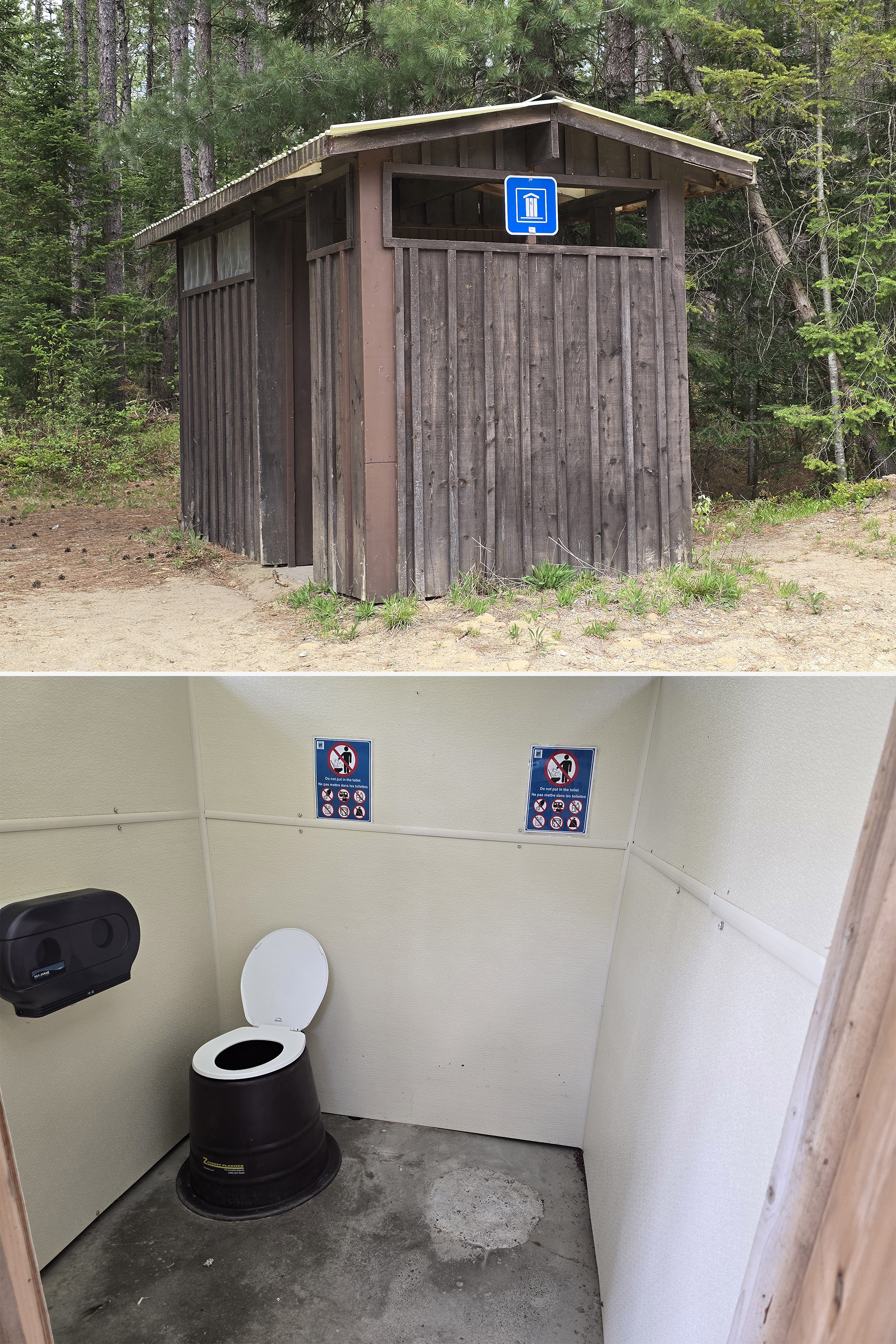 2 part image showing an outhouse at the Algonquin Provincial Park Logging Museum.