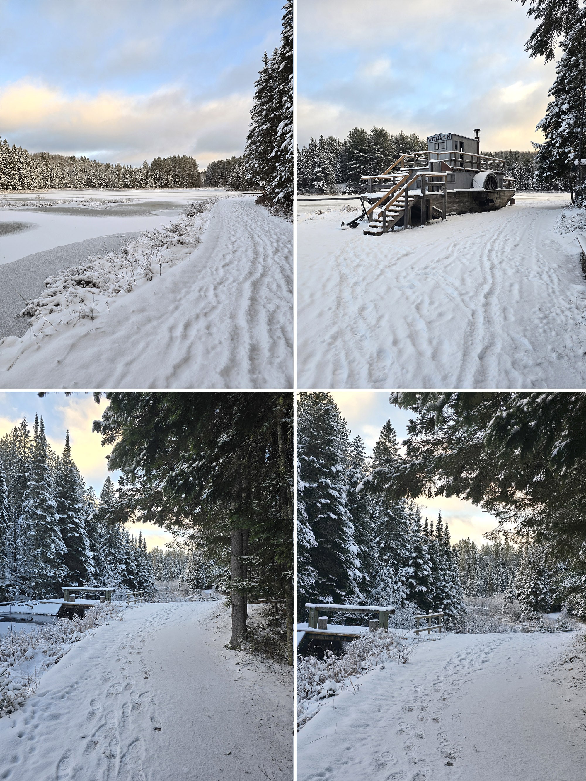 4 part image showing various views along the Algonquin Provincial Park Logging Museum Trail in winter.