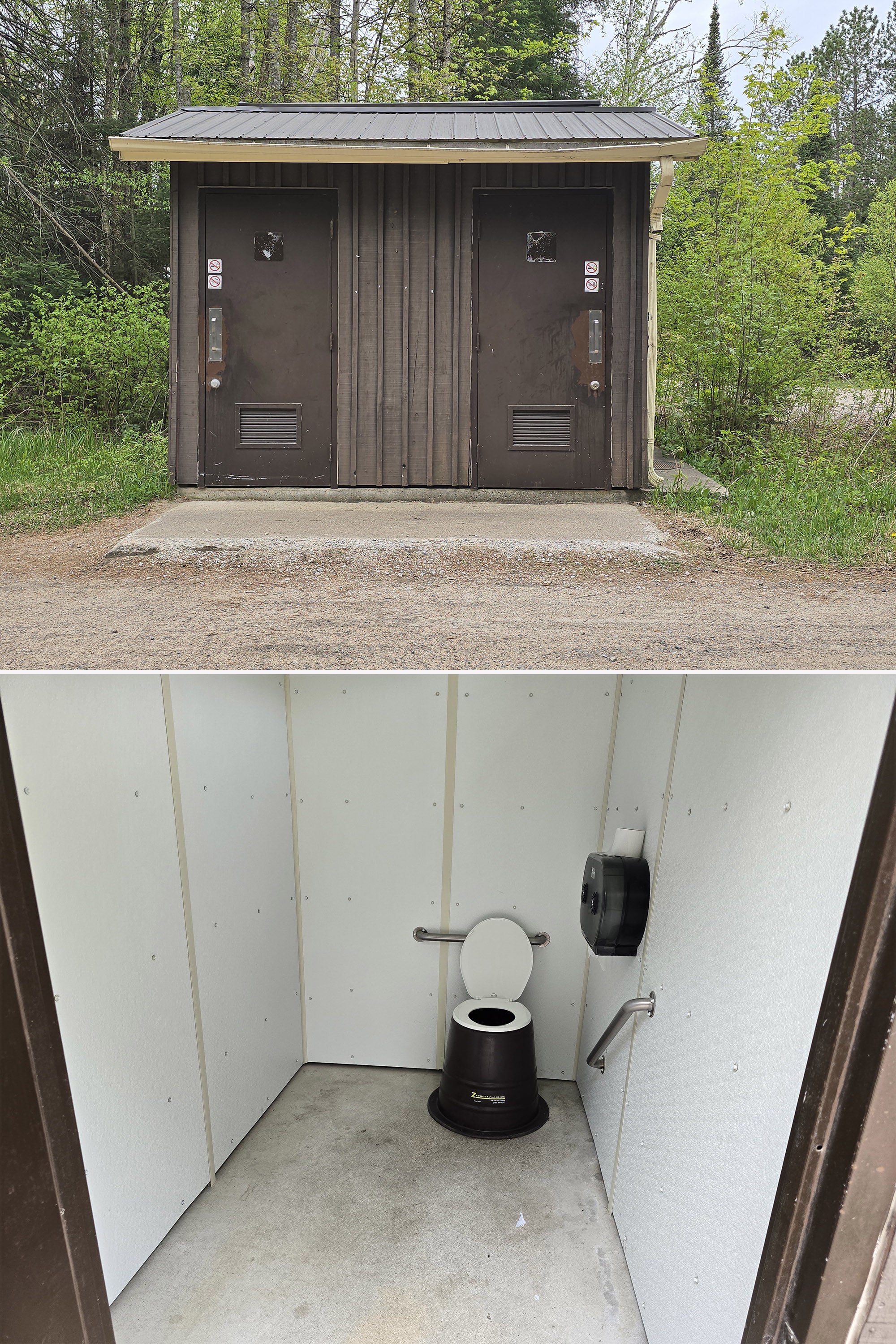 2 part image showing an outhouse at the Mizzy Lake Trail in Algonquin Provincial Park.