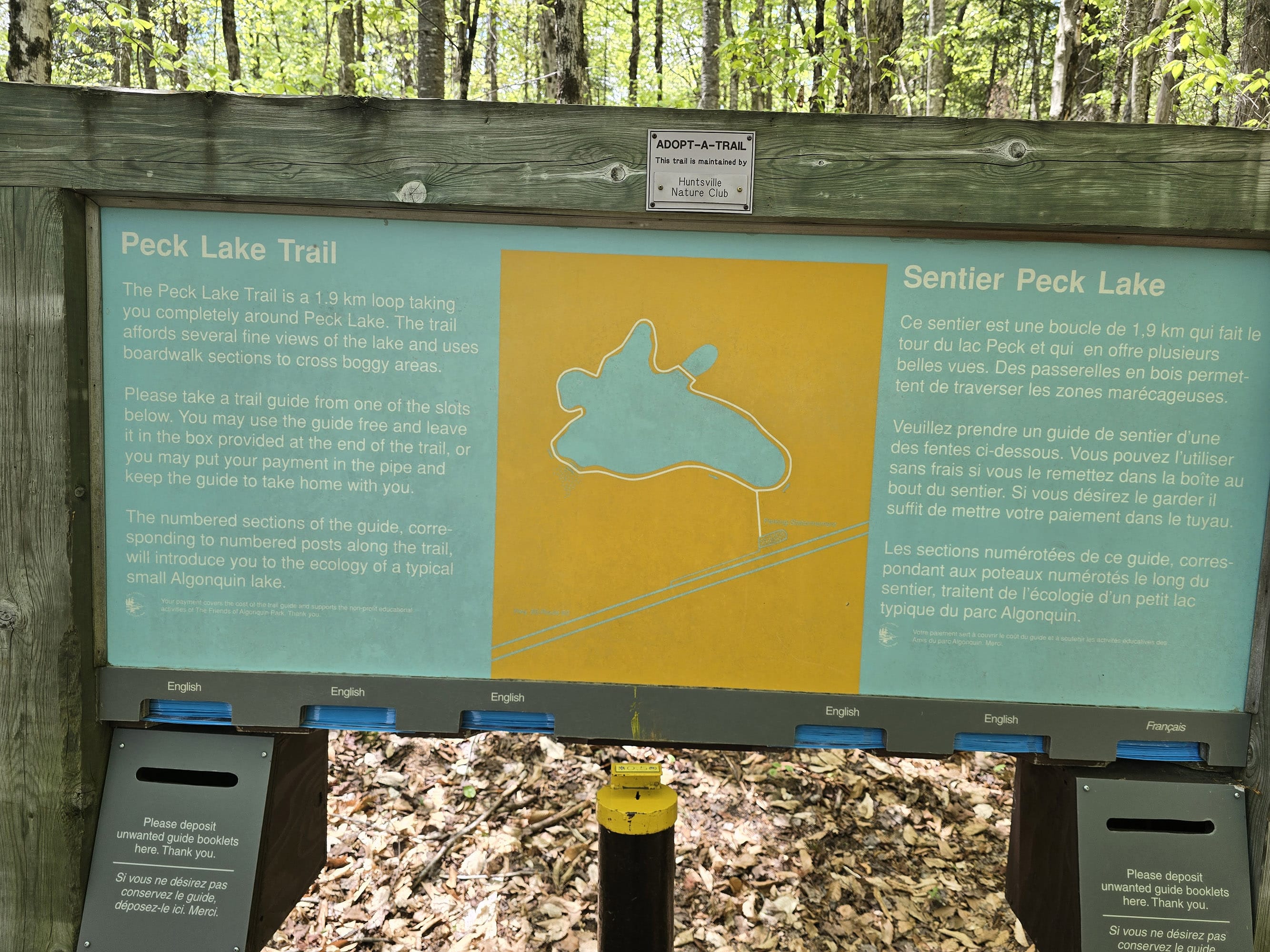 The Peck Lake Trail trailhead sign.