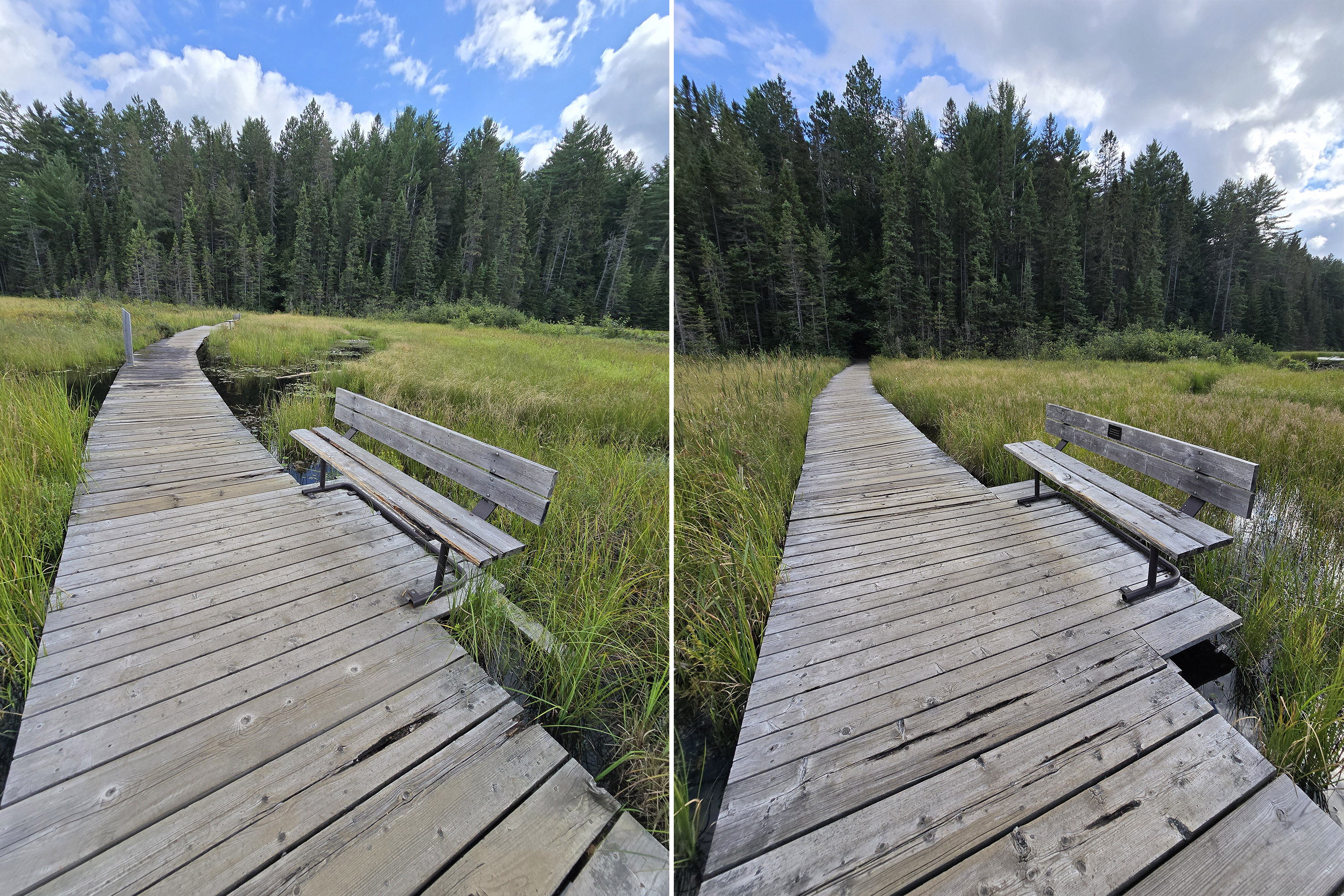 2 part image showing benches on a boardwalk.