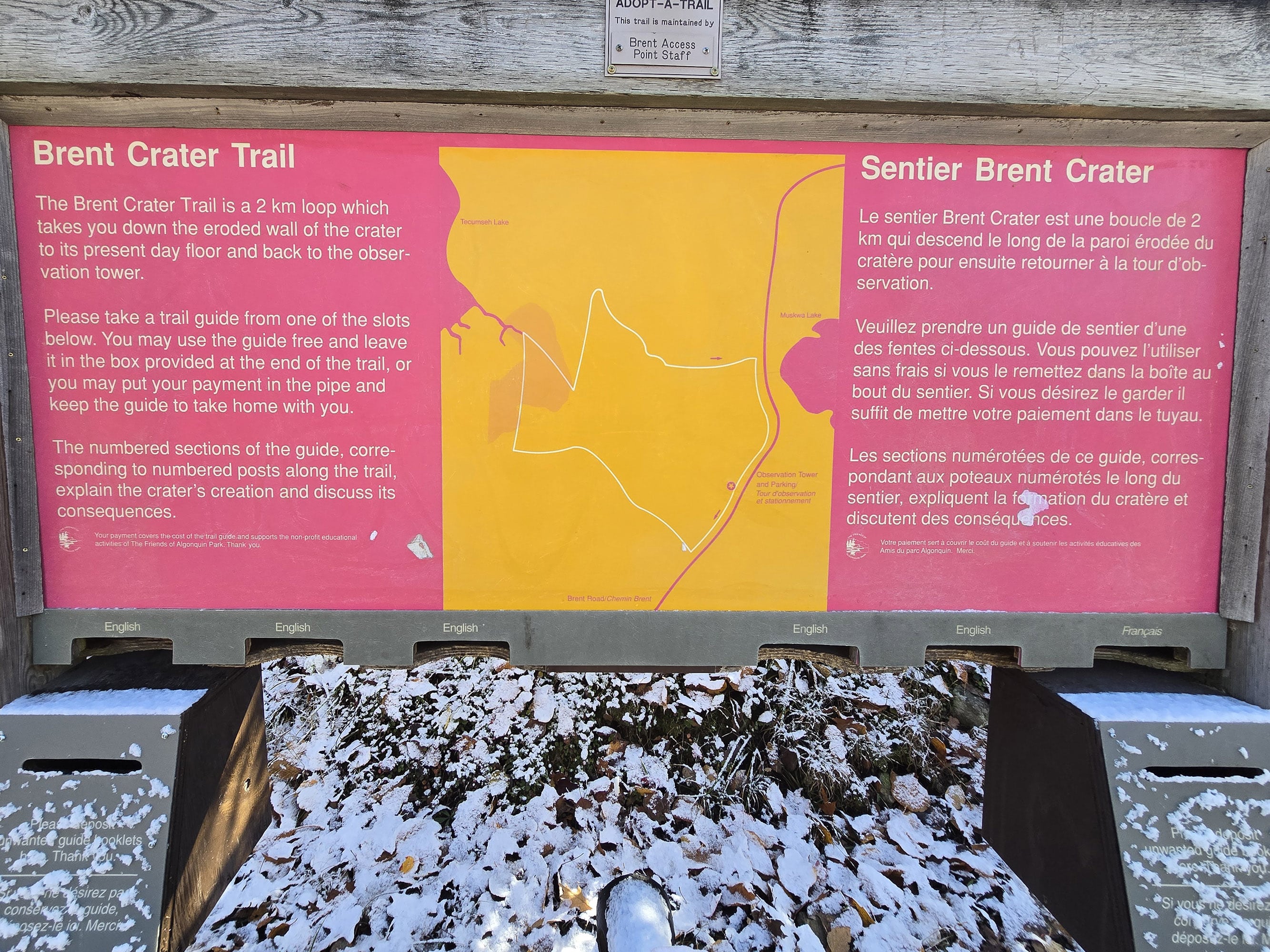 The brent crater trail sign.