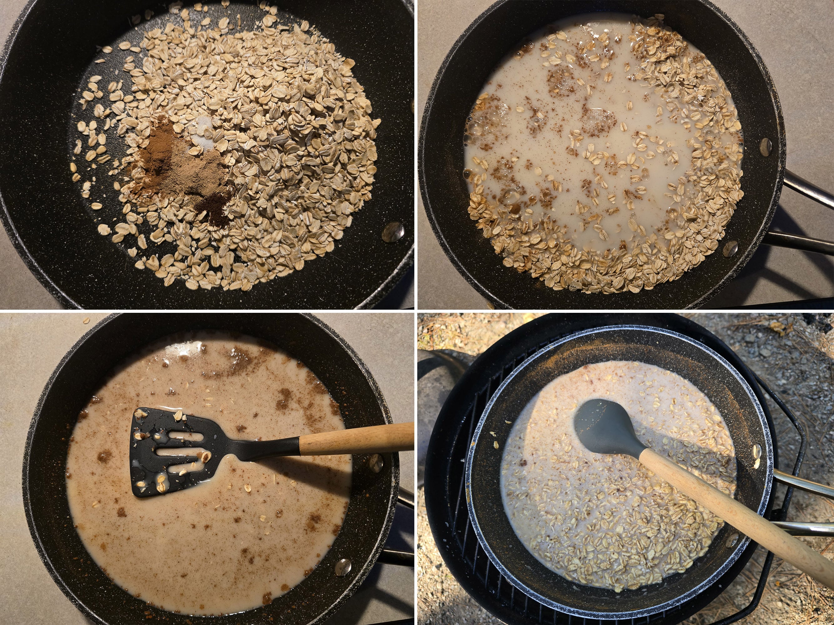 4 part image showing the dry ingredients being mixed, then milk stirred in.