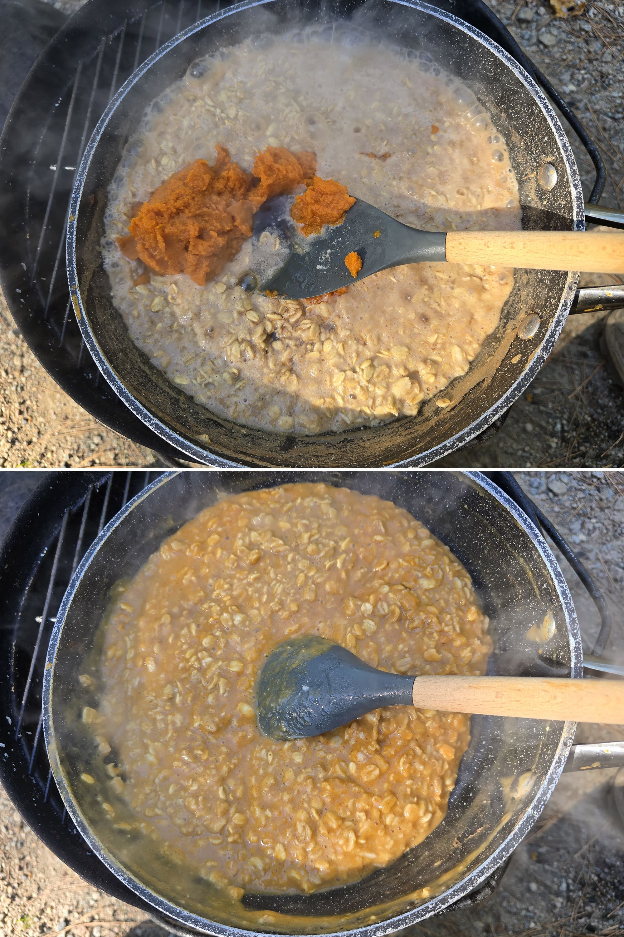 2 part image showing pumpkin puree being stirred into the skillet of oatmeal.