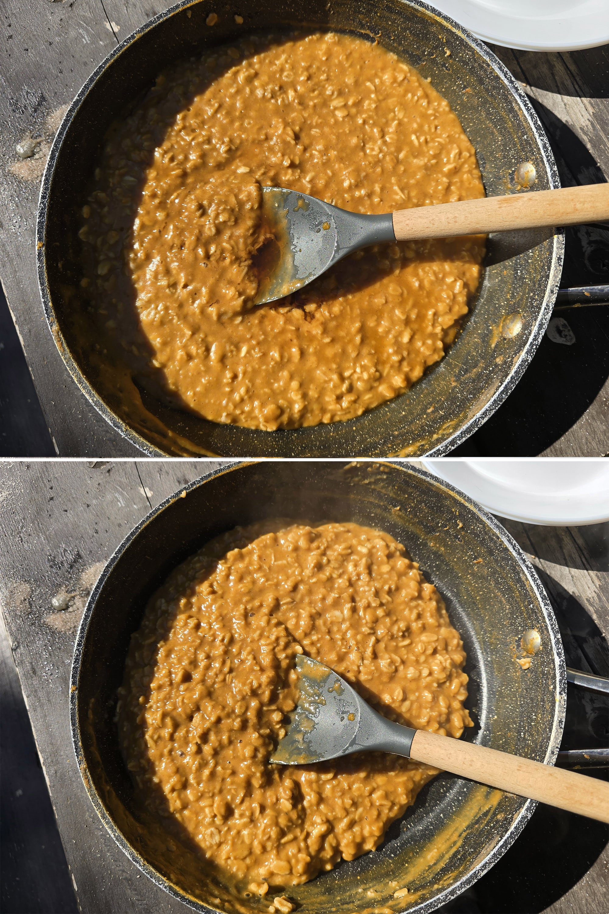 2 part image showing vanilla being stirred into the pumpkin oatmeal.