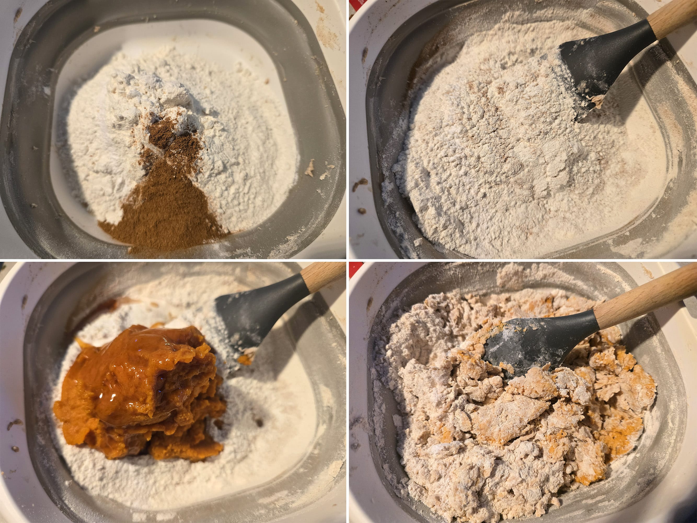 4 part image showing the dry ingredients mixed, then the wet ingredients mixed in.