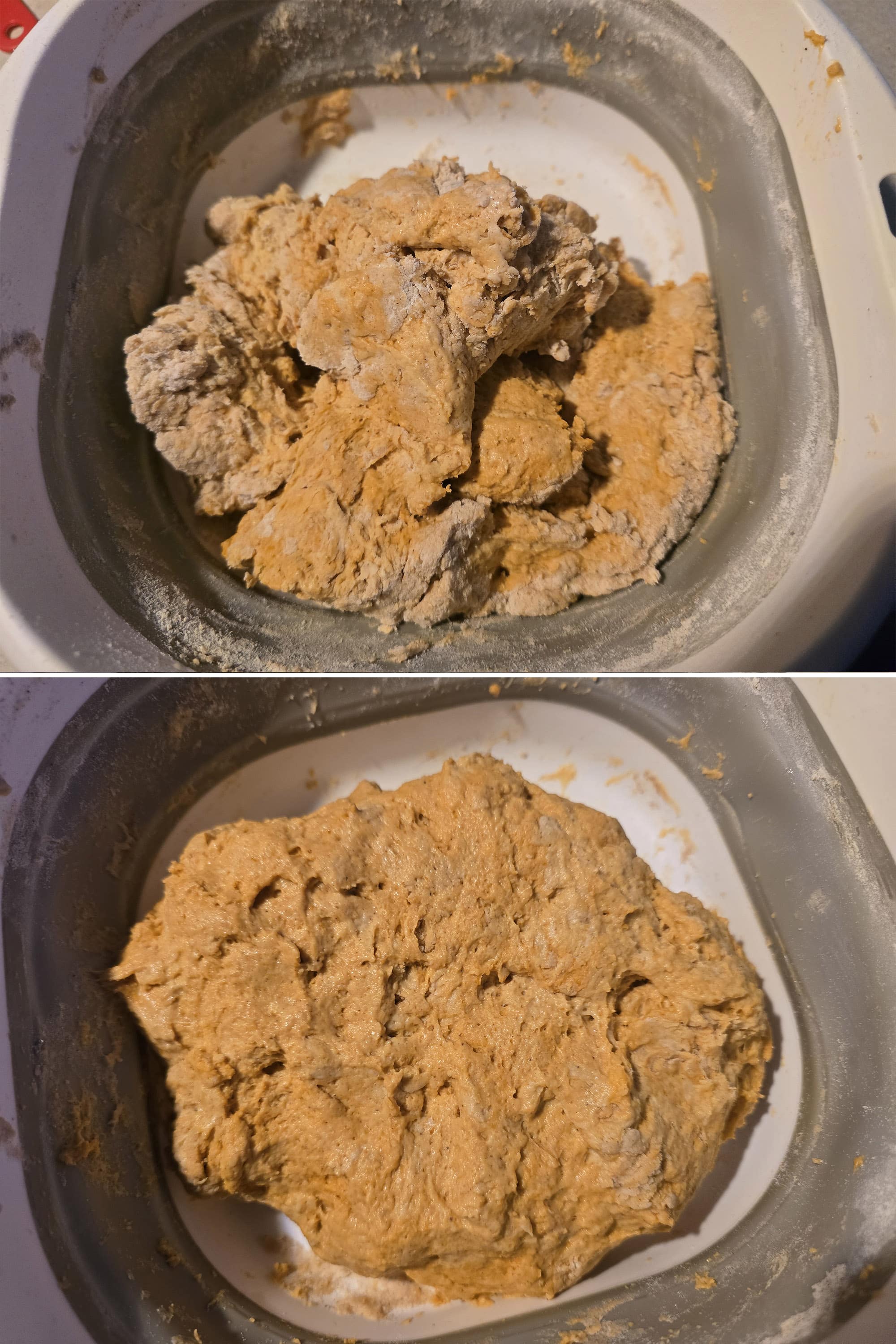 2 part image showing the pumpkin bannock dough being kneaded til smooth.
