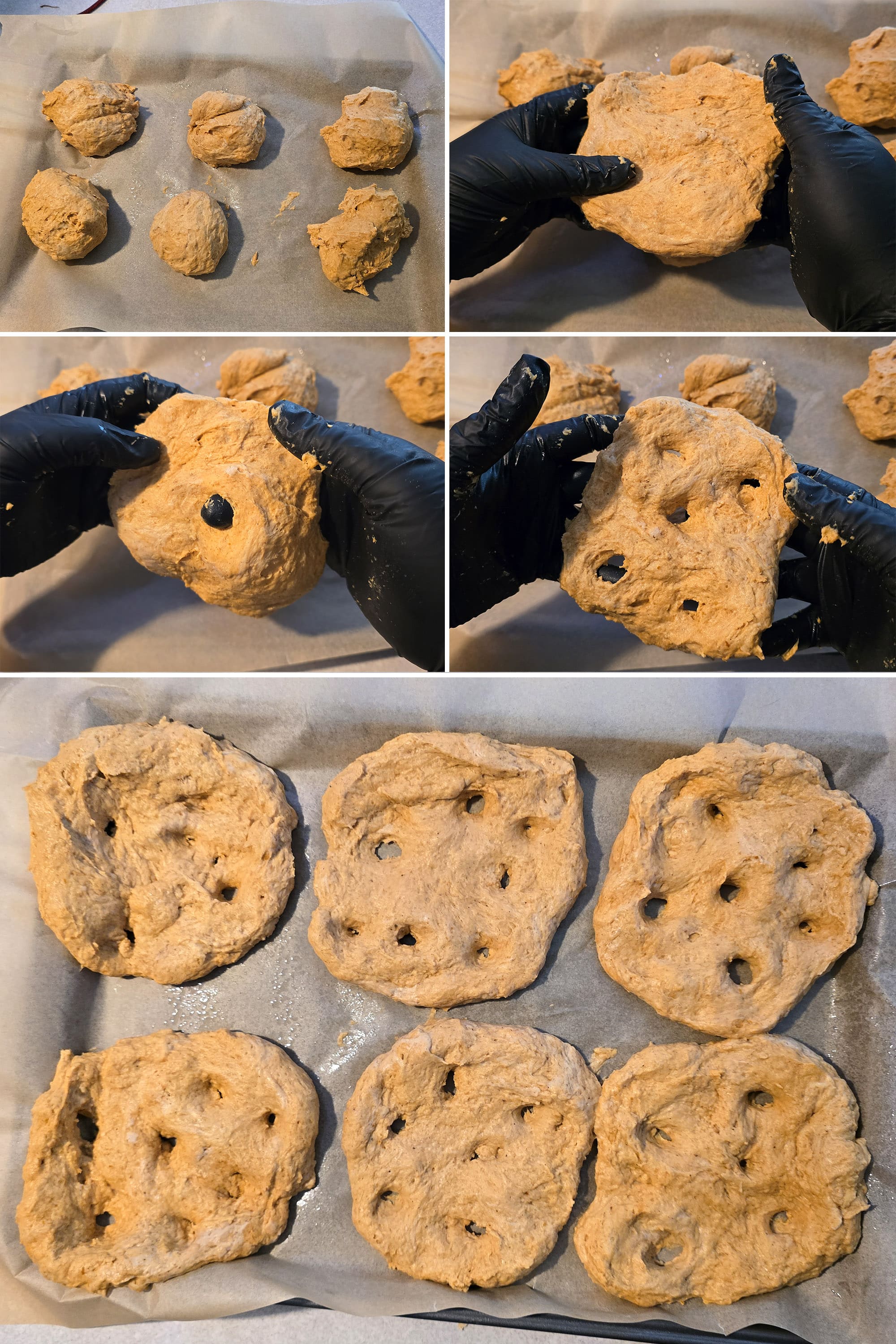 5 part image showing the pumpkin frybread dough being divided, stretched, and poked with holes.