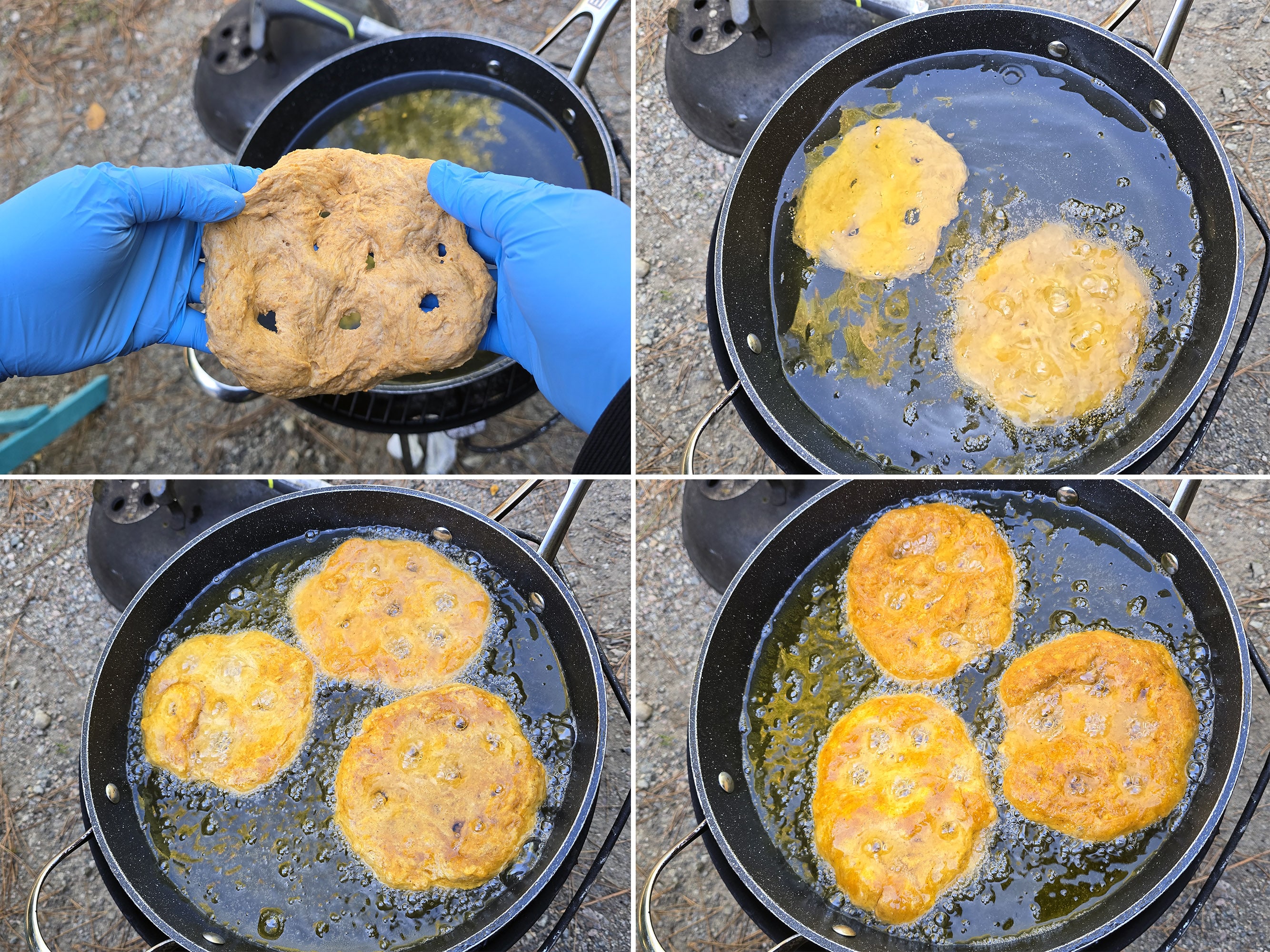 4 part image showing the pumpkin bannock dough being deep fried.