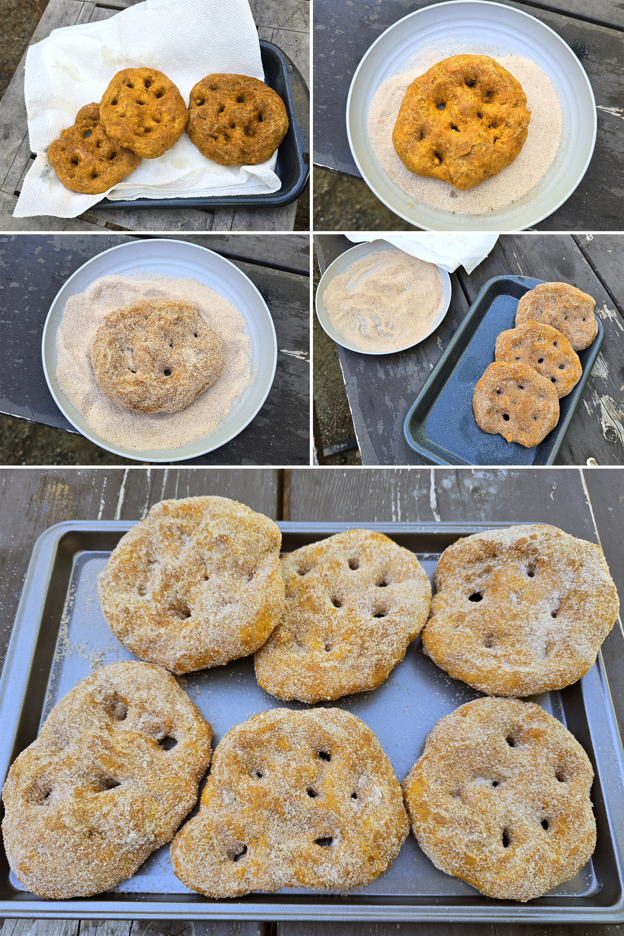 5 part image showing the fried pumpkin frybread pieces being tossed in cinnamon sugar and laid on a pan.