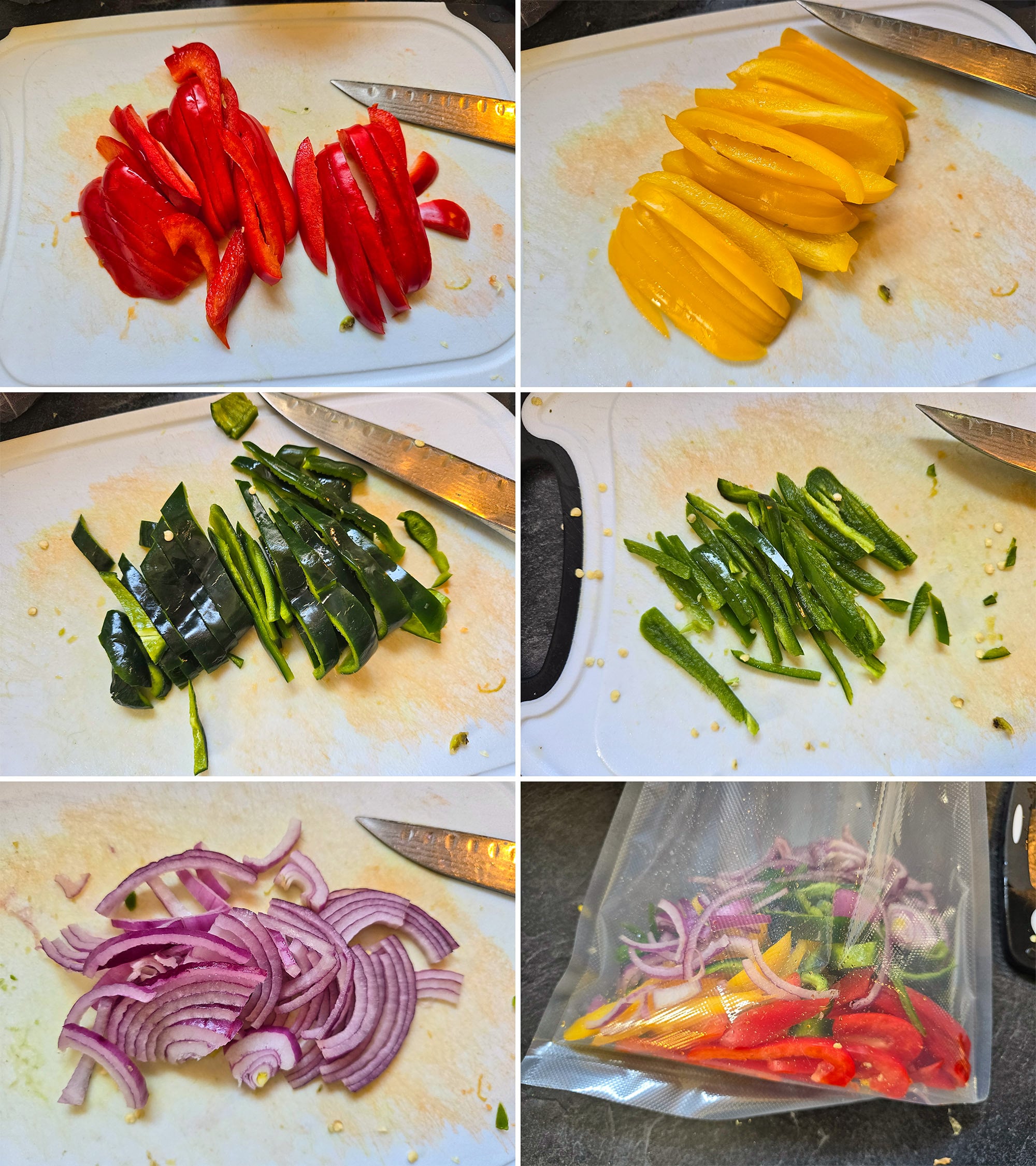6 part image showing onions and various peppers being sliced and placed into a vacuum seal baggie.