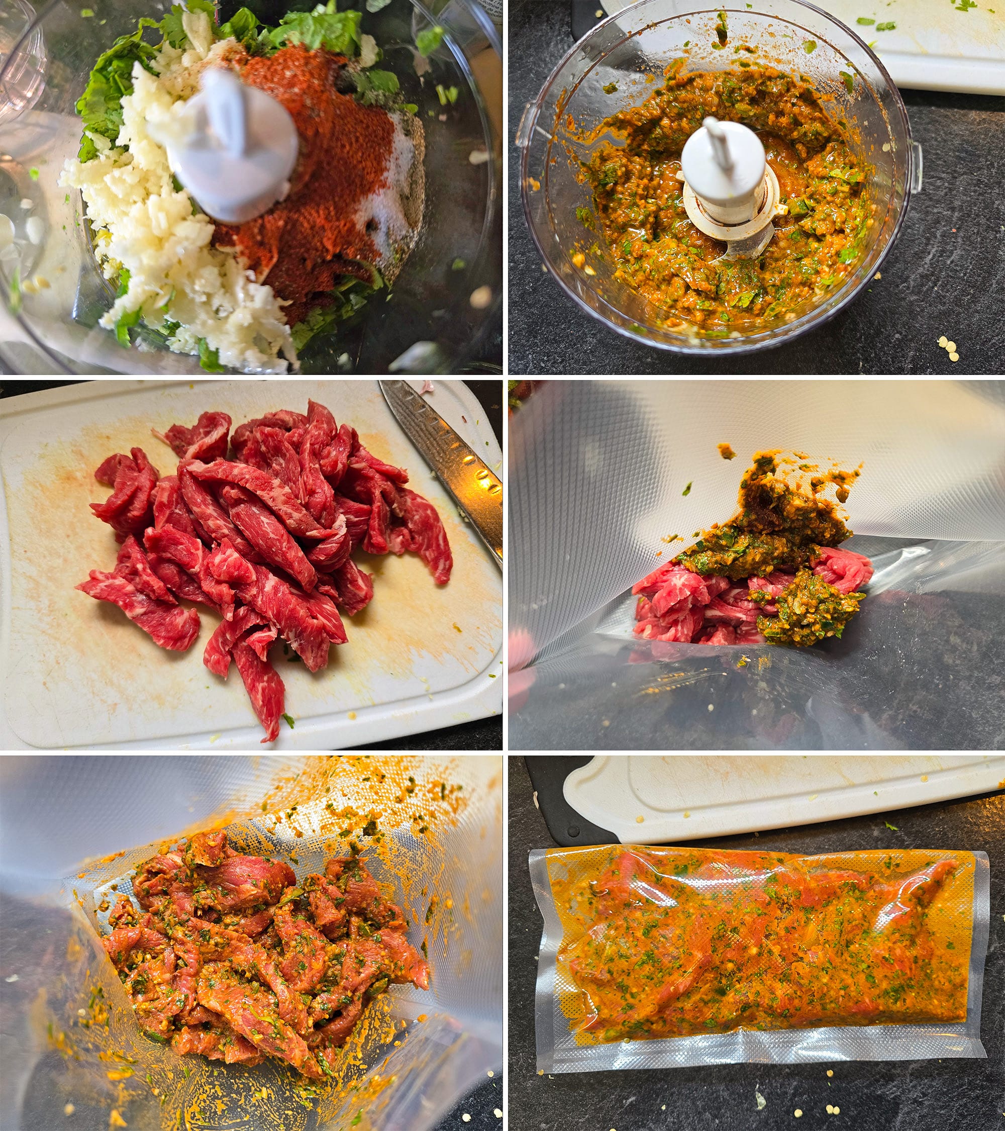 6 part image showing the steak marinade being blitzed in a blender, the steak being sliced, and the two combined in a vacuum sealed freezer baggie.