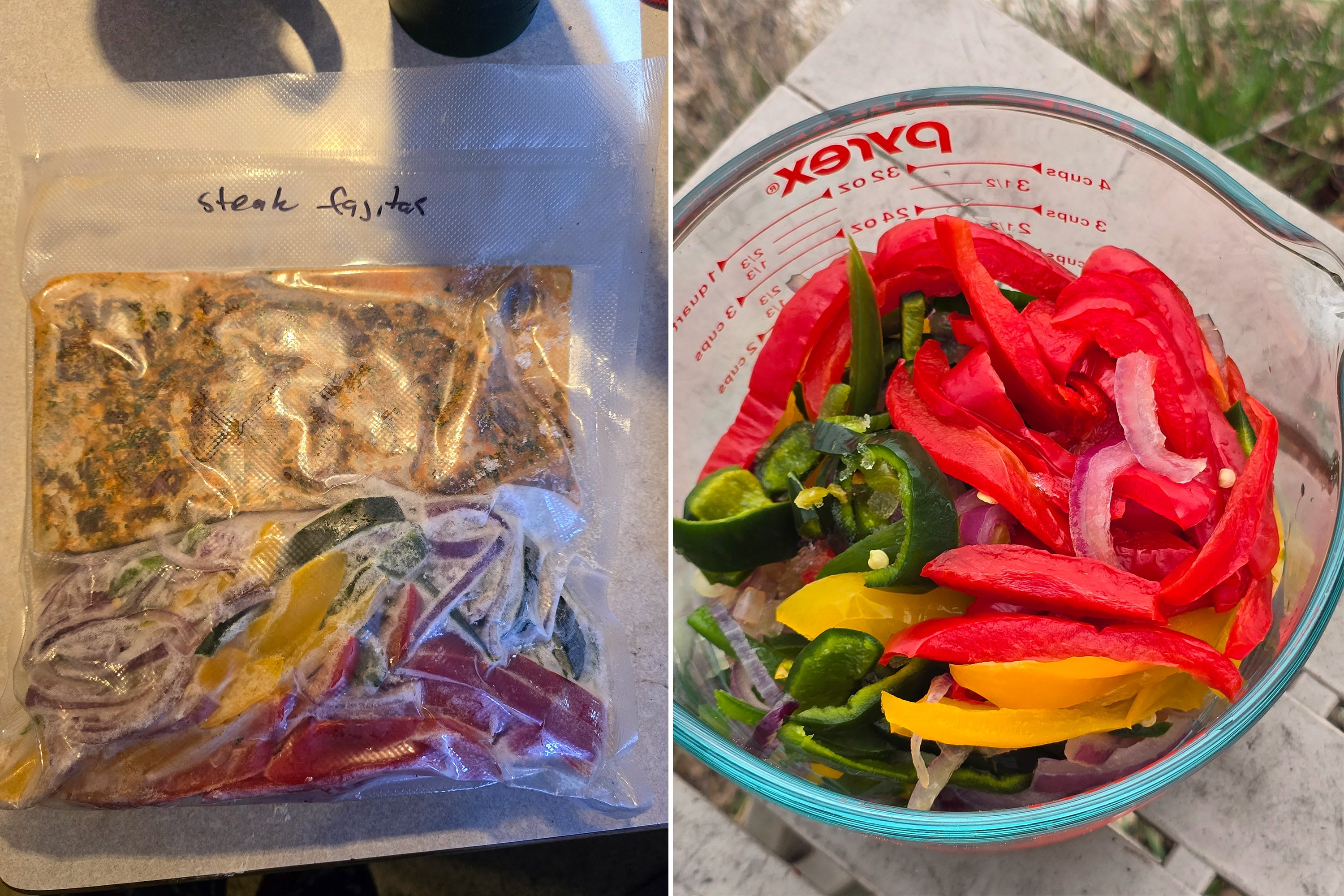 2 part mage showing the frozen packet of marinated steak and sliced peppers, along with the thawed peppers in a measuring glass.