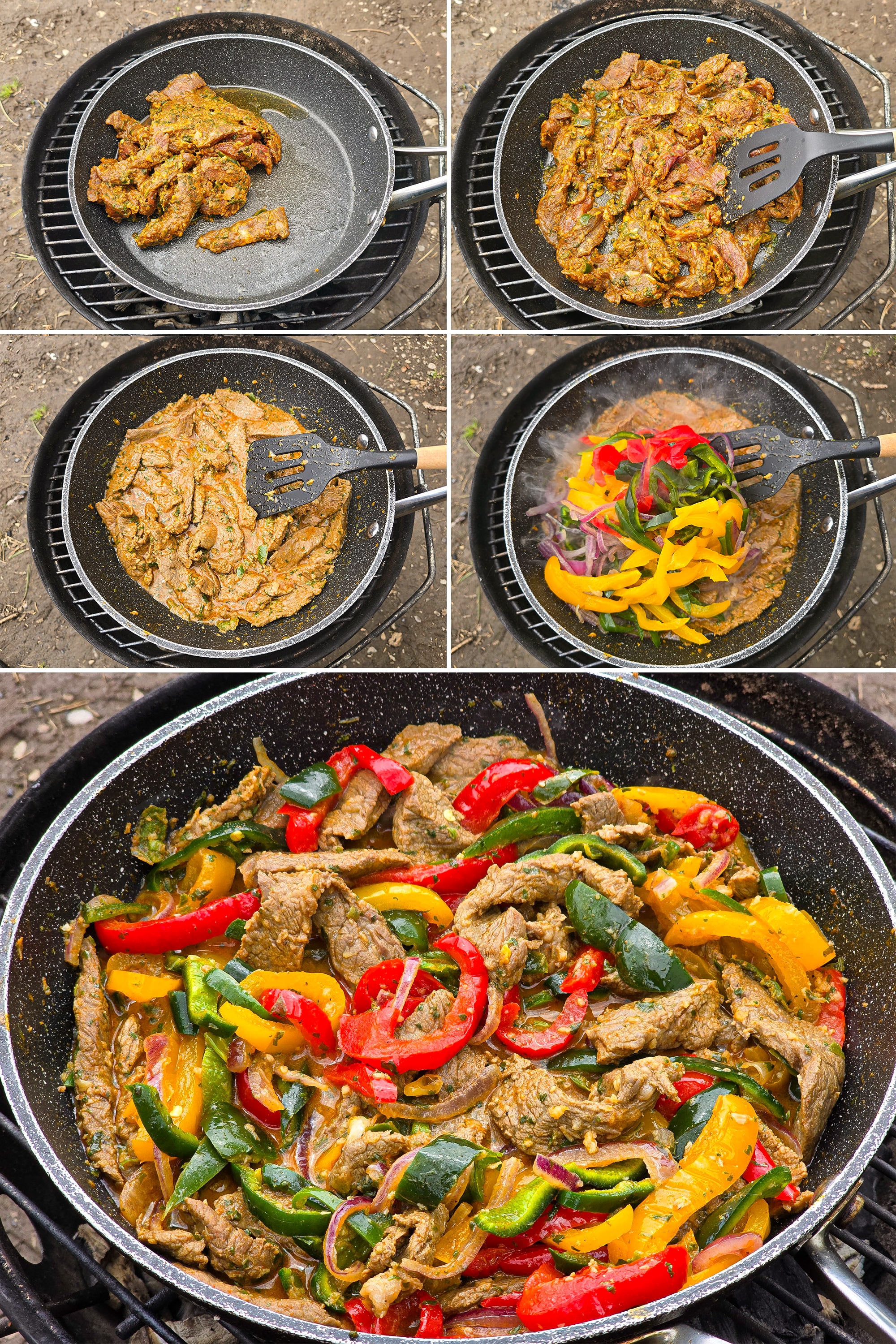 5 part image showing the marinated beef cooking in a skillet, then the peppers being added.