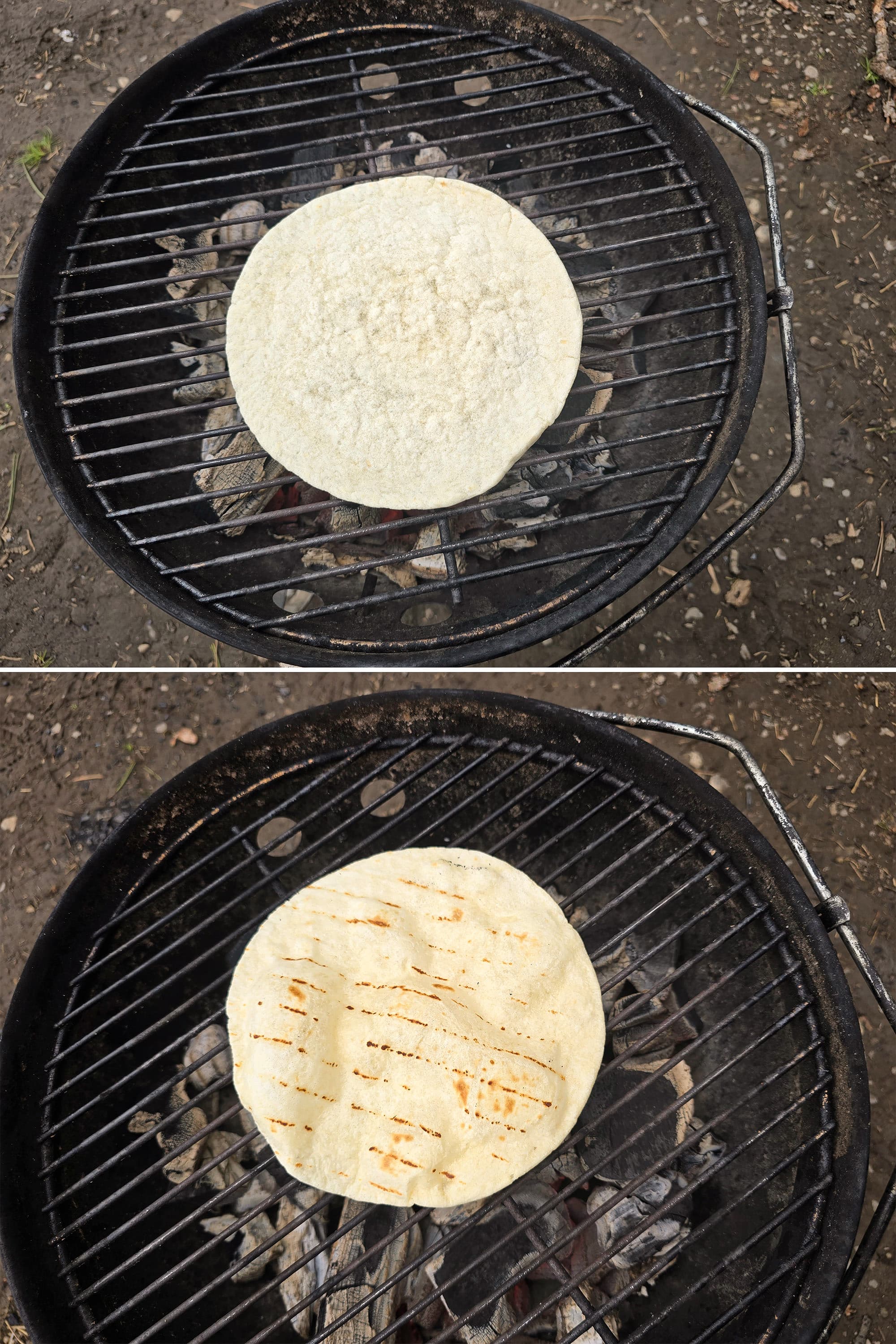 2 part image showing a flour tortilla on a grill.