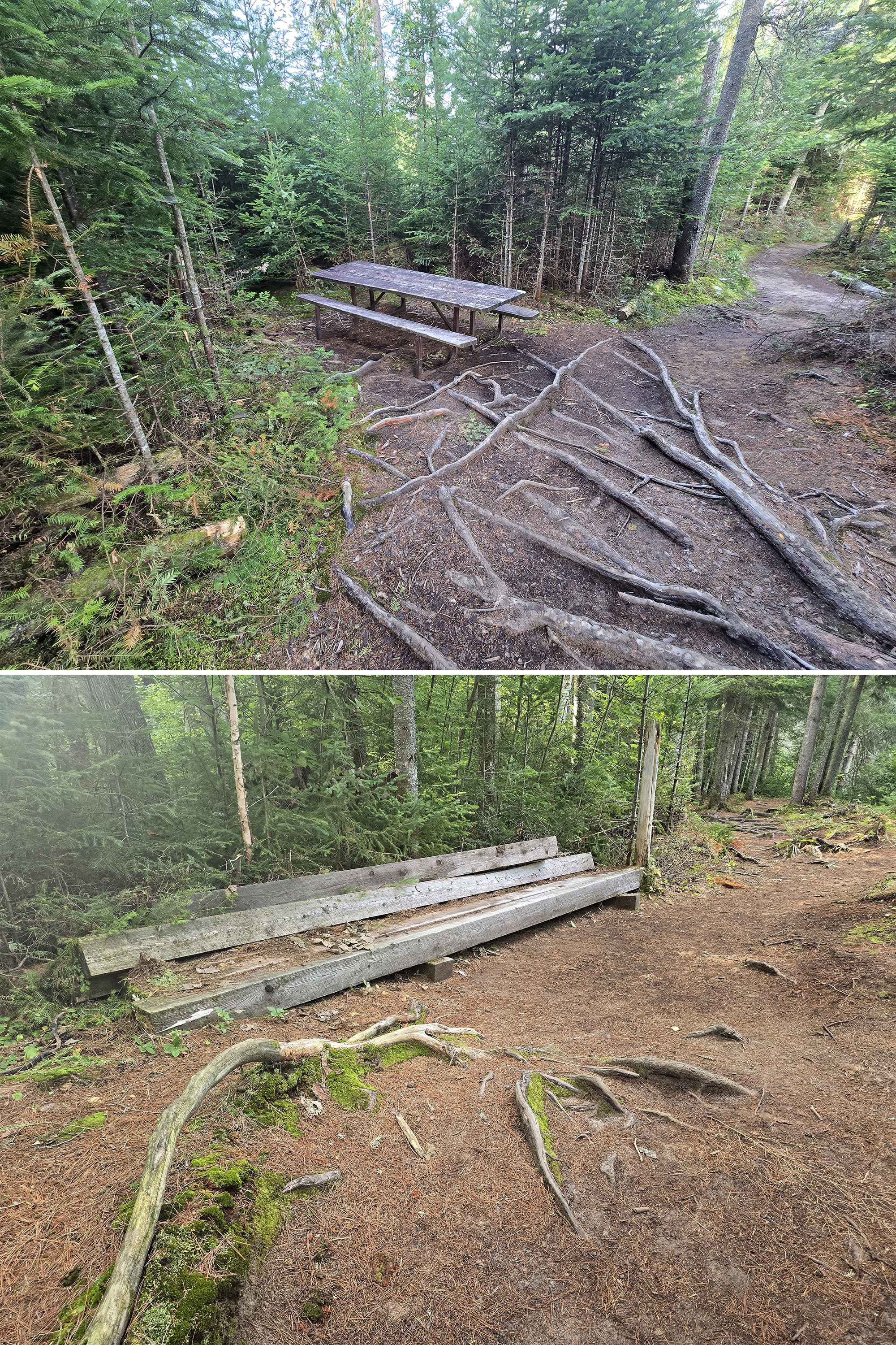 2 part image showing a picnic table and broken down seating bench.