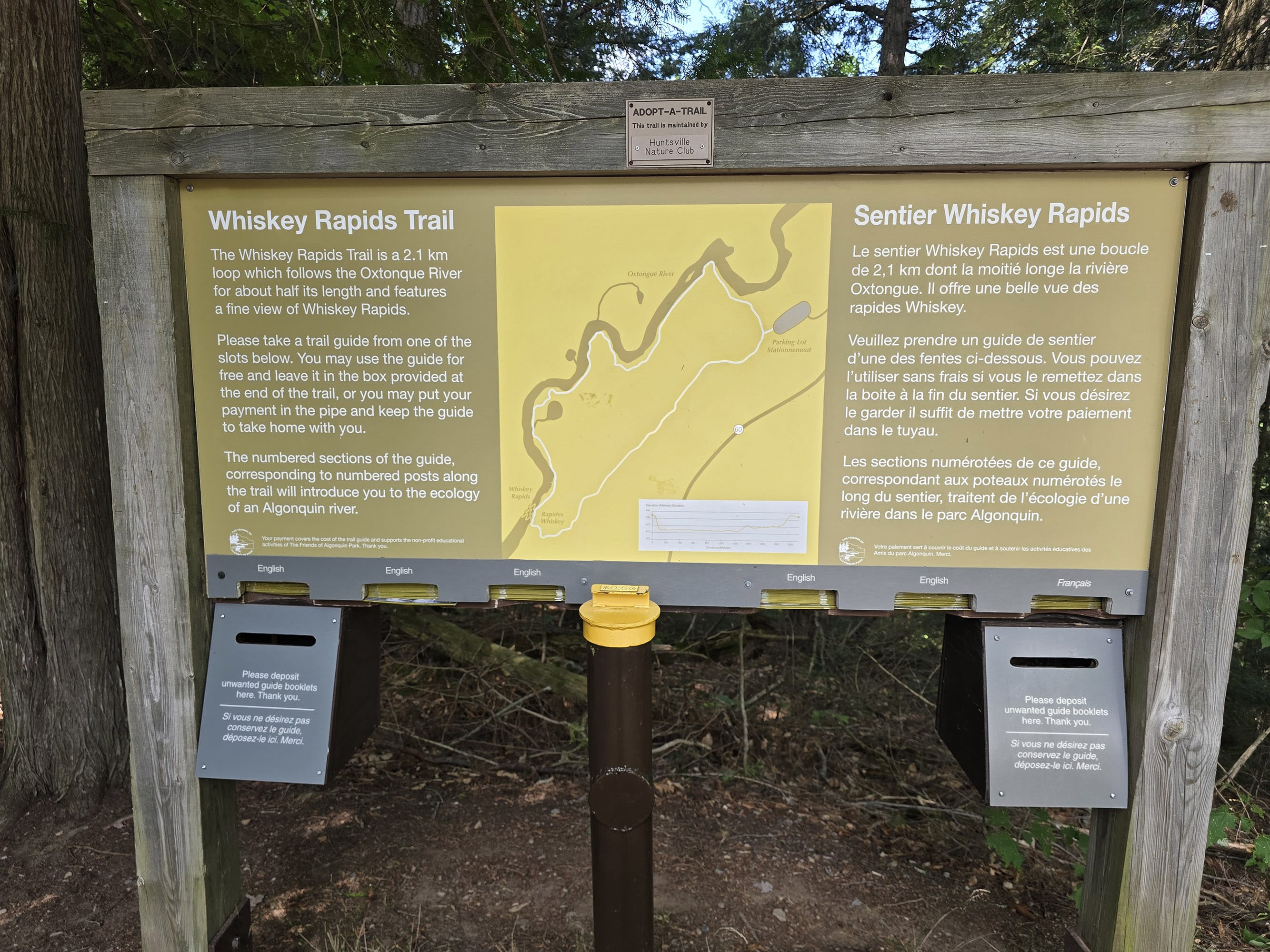 The Whiskey Rapids Trail sign.
